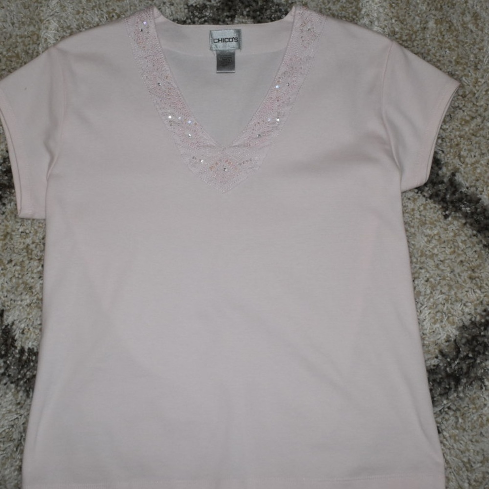 Chico's Pale Pink Rhinestone, Bead & Sequin Top